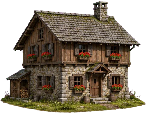 Rumah kayu batu dua lantai dengan kotak bunga geranium